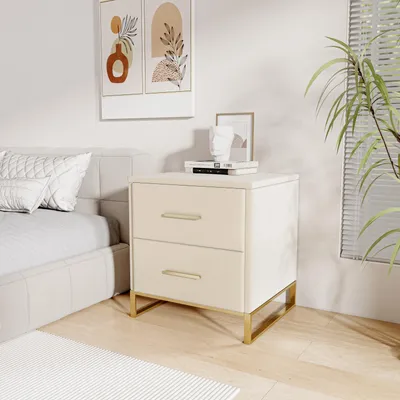 Image de Table De Chevet 2 Pièces Avec Base Dorée Et 2 Tiroirs, 40x40x50 Cm, Capacité De Charge 80 Kg, Beige