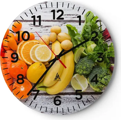 Produktbild von Wanduhr - Rund - Glasuhr - Essen Gemüse Essen frisch - 30x30cm - Schleichendes Uhrwerk - Lautlos - zum Aufhängen bereit - Dekoration Modern - Wanddekoration aus Glas - C4AR30x30-2888