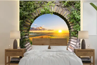 Produktbild von MuchoWow® Fototapete für Wohnzimmer oder Schlafzimmer Wandtapete Vinyl Motivtapete Landleben - Ausblick - Sonne - 280x280 cm - Hintergrundbild