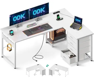 Produktbild von Eckschreibtisch Winkelschreibtisch Computertisch - 135 x 100 cm - Weiß - Mit 4 Stoffschubladen und 2 Haken - Für Heimbüro und Arbeitszimmer