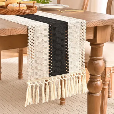 Produktbild von Tischläufer Schwarz 30x140cm Baumwolle Leinen Häkelspitze Boho Landhausstil