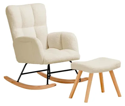 Produktbild von Schaukelstuhl, Relaxsessel mit Armlehnen, Ohrensessel aus Teddy-Plüsch, bis 150 kg belastbar, Sonnenliege für Schlafzimmer und Wohnzimmer, stilvolles Design in Beige