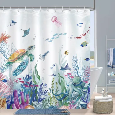 Produktbild von Duschvorhang mit Meeresmotiven (Tiere, Küste, Strand, Ozean und Meeresschildkröten), 180 x 180 cm, schimmelresistent, wasserdichtes Polyestergewebe, waschbarer Badezimmervorhang mit 12 Haken.