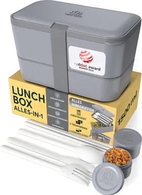 Produktbild von Umami Brotdose Bento-Lunchbox, verschachtelbar, mit Fächern, Besteck und 2 Saucentöpfen