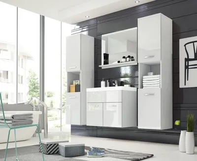 Produktbild von Minio, Badezimmer, Badmöbel, 4-Teilig Set "MONAL", mit Waschbecken, Weiss Matt / Weiss Glanz