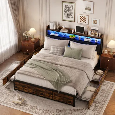 Immagine prodotto di Letto imbottito INONEFT, 160 x 200 cm, letto matrimoniale con quattro cassetti, letto per adulti con rete a doghe, adatto anche per giovani, con testiera contenitore e illuminazione LED, rivestito in PU, Immagine generata dall'IA