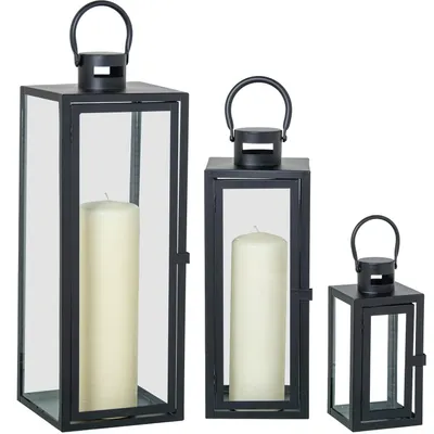 3er-Set Laternen, schwarz, Metall, 10x10x23 bis 18x18x49 cm