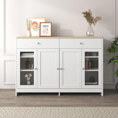 Produktbild von STILVORA Sideboard mit weißer Holzmaserung, Buffetschrank mit drei Schubladen und verstellbaren Regalböden, für Wohnzimmer und Esszimmer
