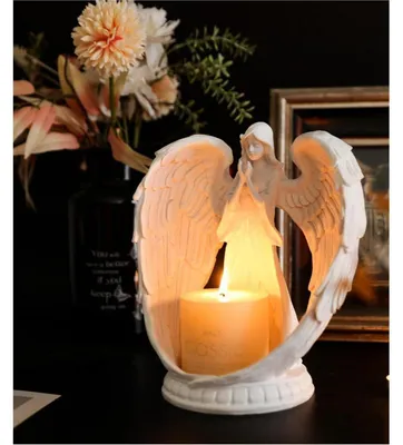 Immagine prodotto di Candeliere a forma di angelo in preghiera, bianco, in resina, 14,5 cm
