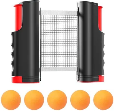 Productafbeelding van Ibenzoa® Draagbaar, inklapbaar tafeltennisnet inclusief 5 ballen, opbergtas – 165 cm, mazen Ø 5 mm, geschikt voor tafels tot 5 cm dik