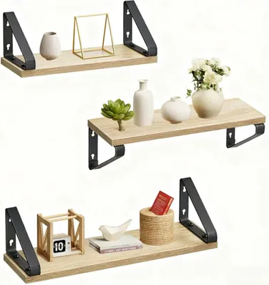 Immagine prodotto di Scaffale da parete Relaxdays, set da 3 pezzi, 3 misure: larghezza 30, 35, 40 cm, effetto legno e metallo, mensole da parete per libri e oggetti decorativi, colore naturale