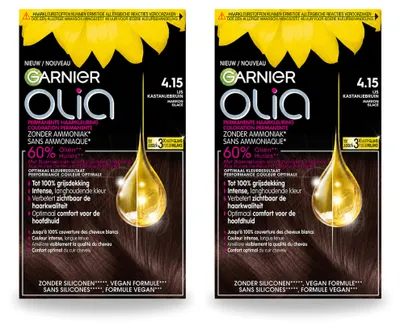 Productafbeelding van 2 x Garnier Olia 4.15 Haarkleuring - Kastanjebruin (mediumbruin) - Zonder ammonia - Voordelingsverpakking - 2 stuks