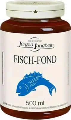 A jar of fish stock on a white background.