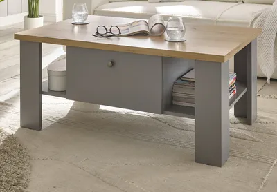 Produktbild von Couchtisch "Rideau" grau Eiche Landhaus Beistelltisch mit Ablage und 2 x Schubkasten 107 x 67 cm