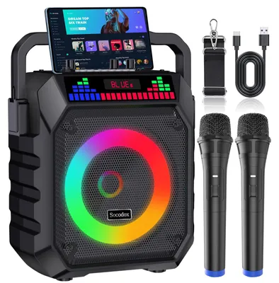 Productafbeelding van Karaokeset Draagbaar met 15W, Bluetooth, RGB LED Verlichting en 2 Microfoons