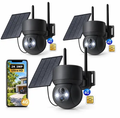 Produktbild von 3 Stück 4G LTE überwachungskamera Aussen Solar Akku mit SIM Karte Outdoor IP Kamera kabellos ohne WLAN PIR Erkennung 360° PTZ Farb Nachtsicht