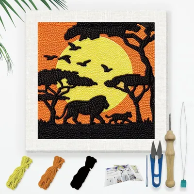 Produktbild von Punch Needle Set Afrikanische Savanne Löwe 24x24 cm für Anfänger DIY Deko Bastelset