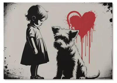 Produktbild von POSTER - 84x59 cm (A1) - Sableen - Schwarz-weißes Mädchen-Hund-Herz -  Wandbild für Wohnzimmer Schlafzimmer & Flur, Modernes Poster Wanddeko, Ungerahmt