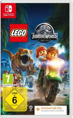 The image is a video game cover for Lego Jurassic World on Nintendo Switch. It features Lego characters riding a motorcycle with a T-Rex in the background.