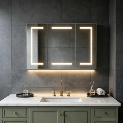 Image de Armoire à miroir pour salle de bain INONEFT, avec éclairage, prise électrique, 3 portes et capteur tactile LED, blanche