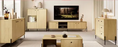 Produktbild von Wohnzimmer-set SCANDI 1 Couchtisch G + TV-Schrank E + Vitrinen A + Kommode D +Kommode C Scandi Eiche Scandi Fischgrät Wohnzimmer