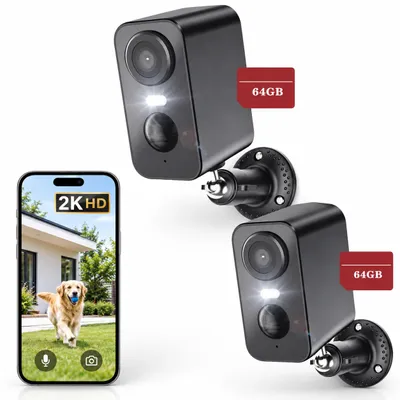 Produktbild von 2 Stück 3MP WLAN überwachungskamera Akku Funk IP Netzwerk HD AUßEN mit Bewegungsmelder und 64GB TF Karte