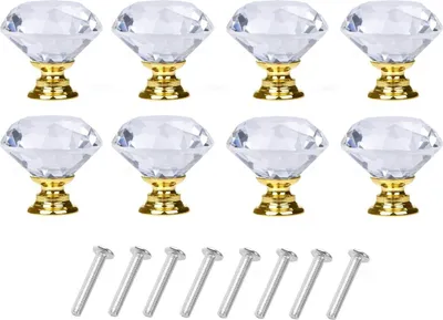 Produktbild von INF Türknöpfe / Handgriffe Knauf in Diamantform Glas Transparent/Gold 8 Stück