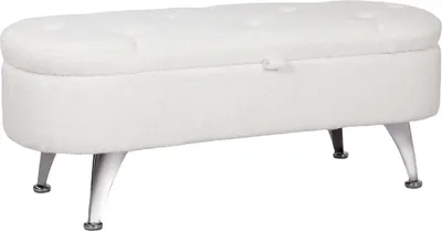 A white upholstered storage bench with tufted top and metal legs, shown against a white background.
