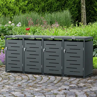 Produktbild von Faziango Mülltonnenbox 4er Set für 120L & 240L Mülltonnen, Edelstahl pulverbeschichtet, wetterfest, mit Gasdruckdämpfer