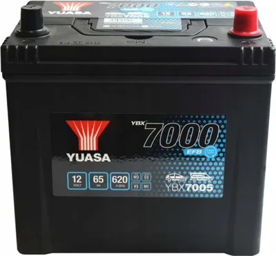 A black car battery with branding and specifications visible.