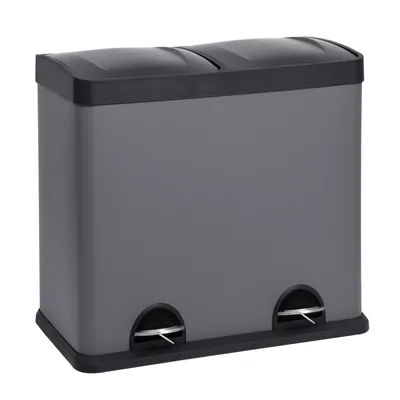 A gray dual-compartment trash can with black lids and pedals, shown against a white background.
