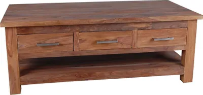 Produktbild von MiaMöbel Wohnzimmertisch Thali - Aus Massivholz (Sheesham) - HBT: 45x120x60 cm - Sofatisch mit 3 Schubladen und 1 Ablage