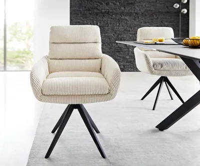 Produktbild von DELIFE Esszimmerstuhl Abelia-Flex mit Armlehnen Cord Beige Kreuzgestell kantig Schwarz