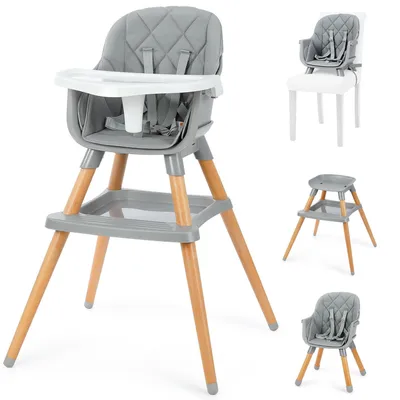 Produktbild von Ezebaby Baby 6-in-1 Kinderstuhl, multifunktionaler, mit Holzbeine und 5-Punkt-Gurt, abnehmbares Tablett für Kinder ab 6 Monaten, grau mit Ablage