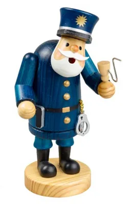 Räuchermännchen Polizist trägt eine dunkelblaue Uniform mit Knöpfen, blauen Hut und goldenen Stern.