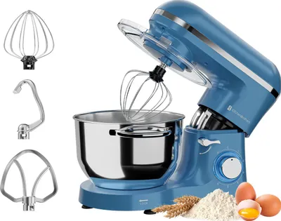 A blue stand mixer with various attachments displayed next to it, along with some baking ingredients.