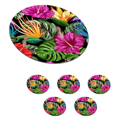 Obrázok produktu pre MuchoWow® Okrúhly sklenený podšálok, sada 6 ks Tropické - Vzory - Monstera 10x10x0.3cm Podložky pod poháre - podložky pod nápoje - ochrana stolovej