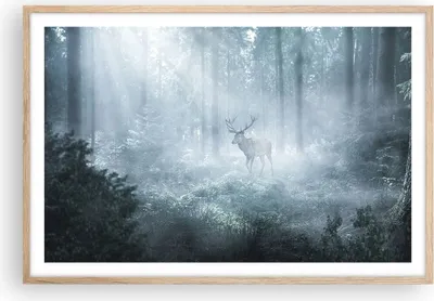 Produktbild von Gerahmtes Poster - Rahmen in heller Eiche - Hirsch Wald Morgendämmerung - 91,5x61 cm - Wand Bild - Wanddeko - Wandbilder - Kunstposter - Wandposter - Bilderrahmen - Bilder - Kunstdruck P2NAA91x61-4667