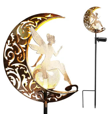 Solarlampe Fee auf Mond, 84 cm, warmweiß, Metall, wasserdicht, Garten