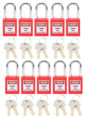 Immagine prodotto di Set di 10 lucchetti di sicurezza da 38 mm, in nylon rosso, per sistemi di blocco e etichettatura (Tag-Out) e isolamento