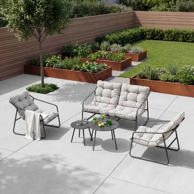 Productafbeelding van Tuinset 'Kivanta', 5-delig: bank, stoelen met kussens, tafels, staal, donkergrijs/beige