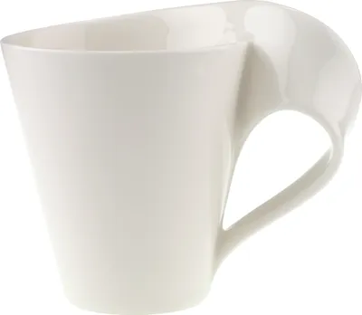 A white ceramic mug with a unique handle, isolated on a white background.