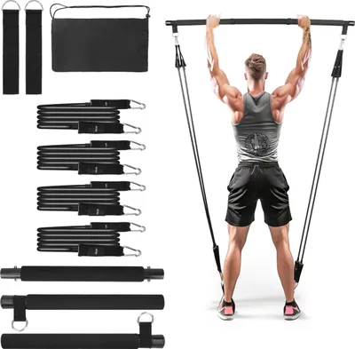 Produktbild von BELLE VOUS Pilates Bar Kit mit 4 Widerstandsbändern - Widerstandsbänder Krafttraining - Für Yoga, Stretching & Ganzkörpertraining - Fitnessgeräte für