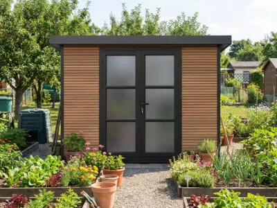 Produktbild von WPC Gartenhaus Modell FineLine 5,8 m² Teak
