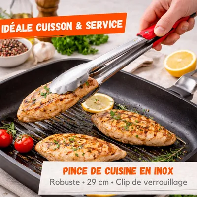 Image de Pince de Cuisine Inox 29 cm – Anti-Dérapante – Clip Sécurité