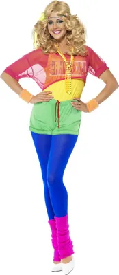 A woman wearing an 80s-themed costume.