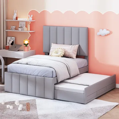 Imagen del producto de Cama individual tapizada Zerbaco de 90x200 cm con cajones de almacenamiento, diseño bajo, ideal para niños, adolescentes o como cama de invitados, color gris, con somier, sin colchón