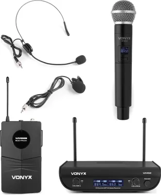 Produktbild von Vonyx WM82C, Tragbares/Headset-Mikrofon, Bodypack-Empfänger, 30 - 20000 Hz, Handsender, 0,5%, 96 dB