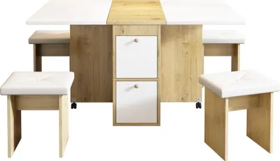 Produktbild von Sweiko Esstisch-Set, (mit Esstisch, 4 Stühlen), klappbarer Esstisch,120x80x75cm, ausziehbarer Esstisch, multifunktionaler ausziehbarer Esstisch, Esszimmerstühle, Weiß + Eiche