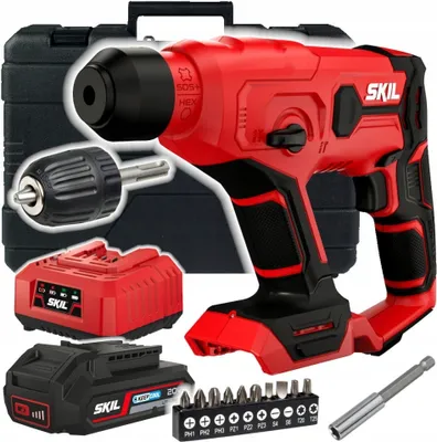 A collage of a red and black SKIL rotary hammer drill with accessories, including batteries, a drill bit set, a chuck adapter, and a carrying case.
